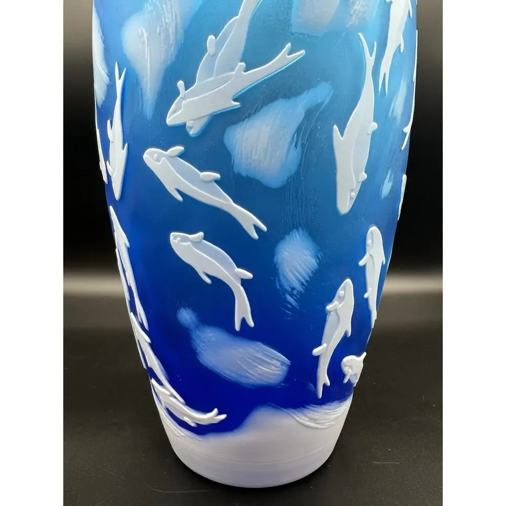 Emile Galle Reproduction Blue Cameo Glass Vase with White Fish 14” Coastal Decor